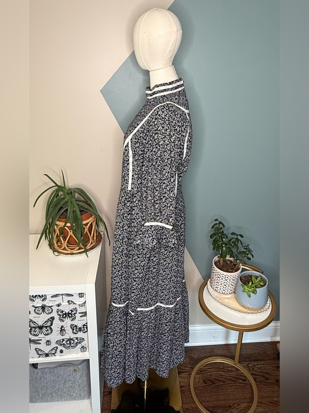 Meadows NWT Prairie Midi Dress Navy Floral Lace Cottagecore Romantic US 8 - Picture 3 of 13
